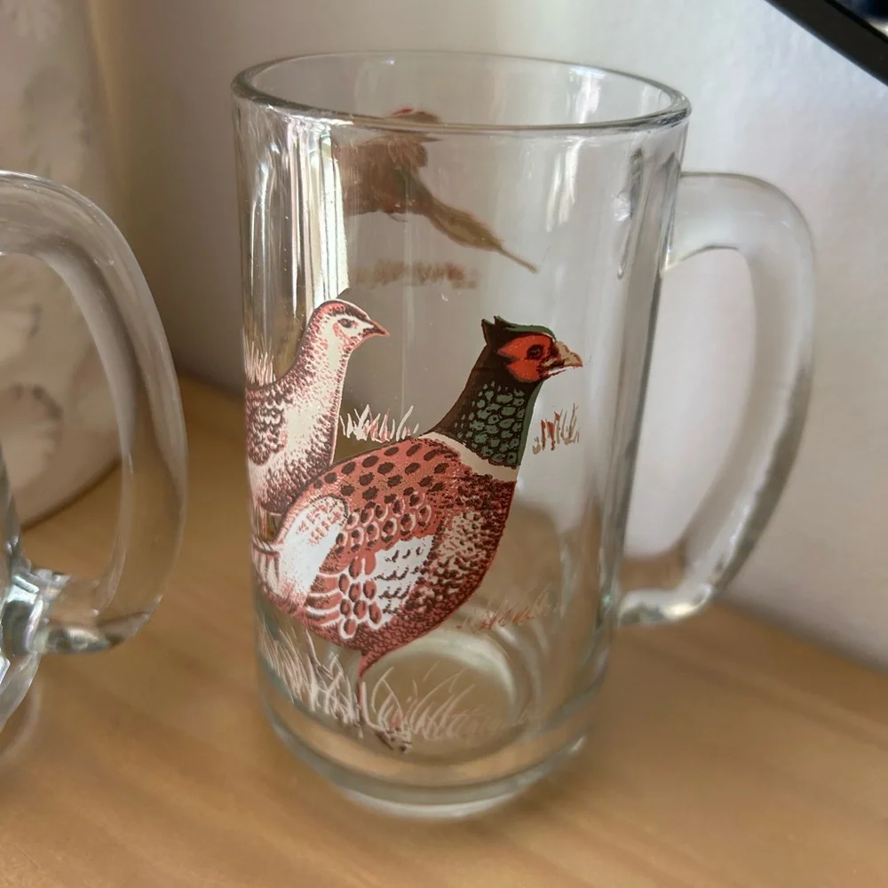 Vintage Hunting Wildlife Pheasant & Deer Set of 2 Glass Beer Mugs